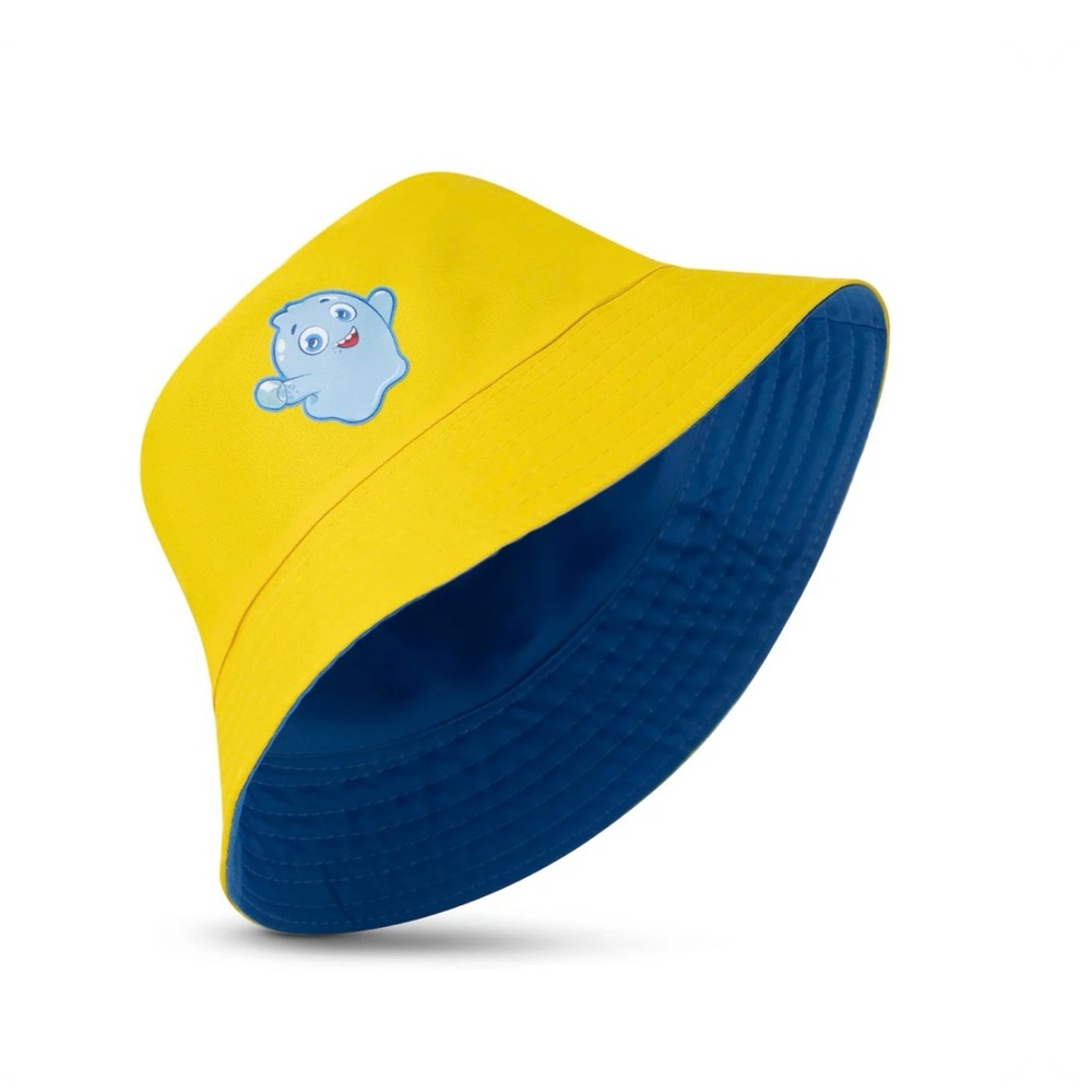 NWOT! Trendy Treats Yellow and Blue Bucket Hat with Cartoon Patch